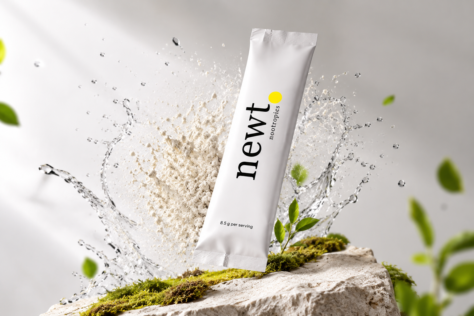 Newt Nootropics stick pack with powder and water splash